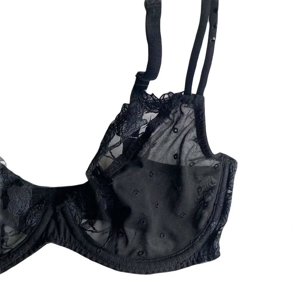 Marie Jo Black Sheer Lace Full Cup Underwire Bra Size 32D Plunge Mesh Polka Dots